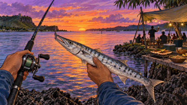 夕暮れのアガニア湾で釣り上げたバラクーダ
