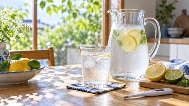 夏の窓辺に置いた冷たい水差しとグラス