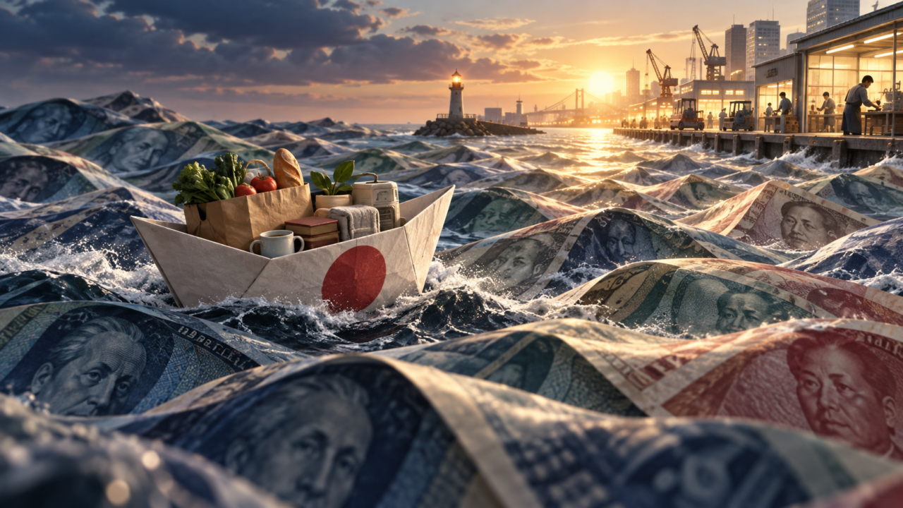 世界経済の波を進む暮らしの品を載せた日本の紙船