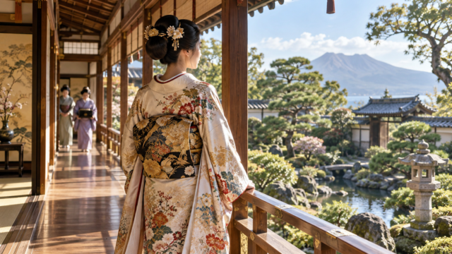 薩摩の屋敷で庭を眺める若き姫の後ろ姿