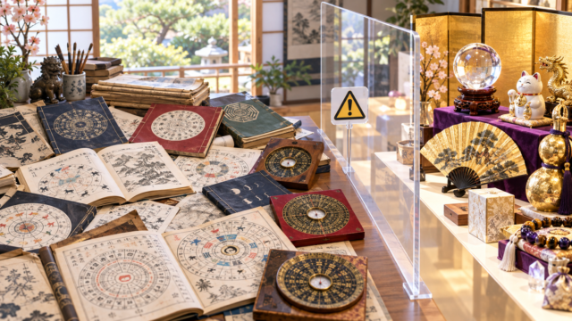 多くの易断書と開運商法への注意を示す展示