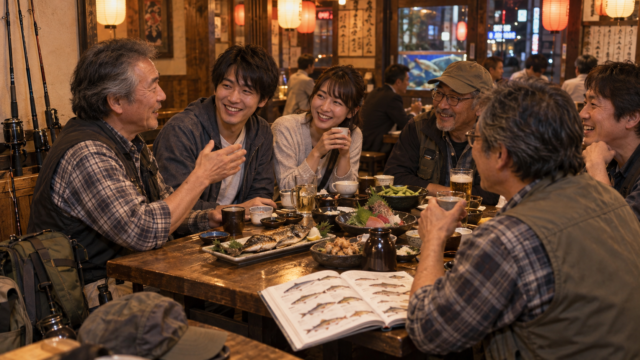 新宿の居酒屋で交流する釣り仲間たち