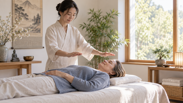 明るい施術室で穏やかな気功を受ける様子