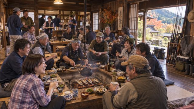 宮崎旧家村の囲炉裏を囲んで魚料理を楽しむ釣り仲間