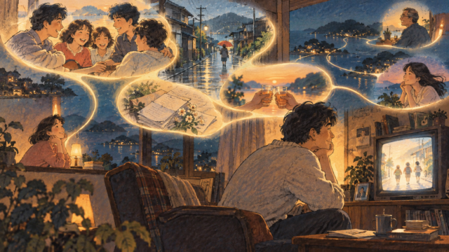 夜の部屋に故郷や友人の温かな記憶がよみがえるイラスト