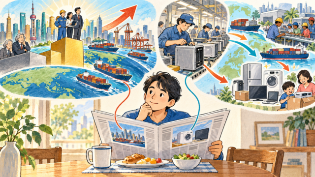 世界の経済順位と家電産業の海外移転を新聞から考える男性