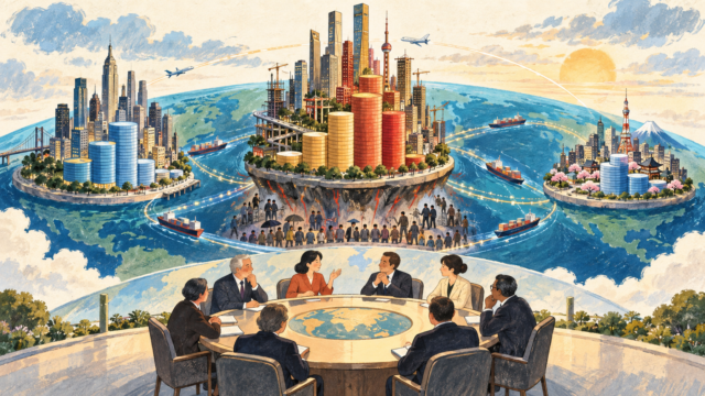 成長する三つの経済圏と国際会議の力関係を描いたイラスト