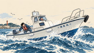 荒れた青島沖で引き返す海友丸のイラスト