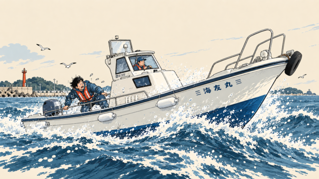 荒れた青島沖で引き返す海友丸のイラスト