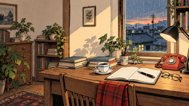 日常の机と雨の夕暮れ
